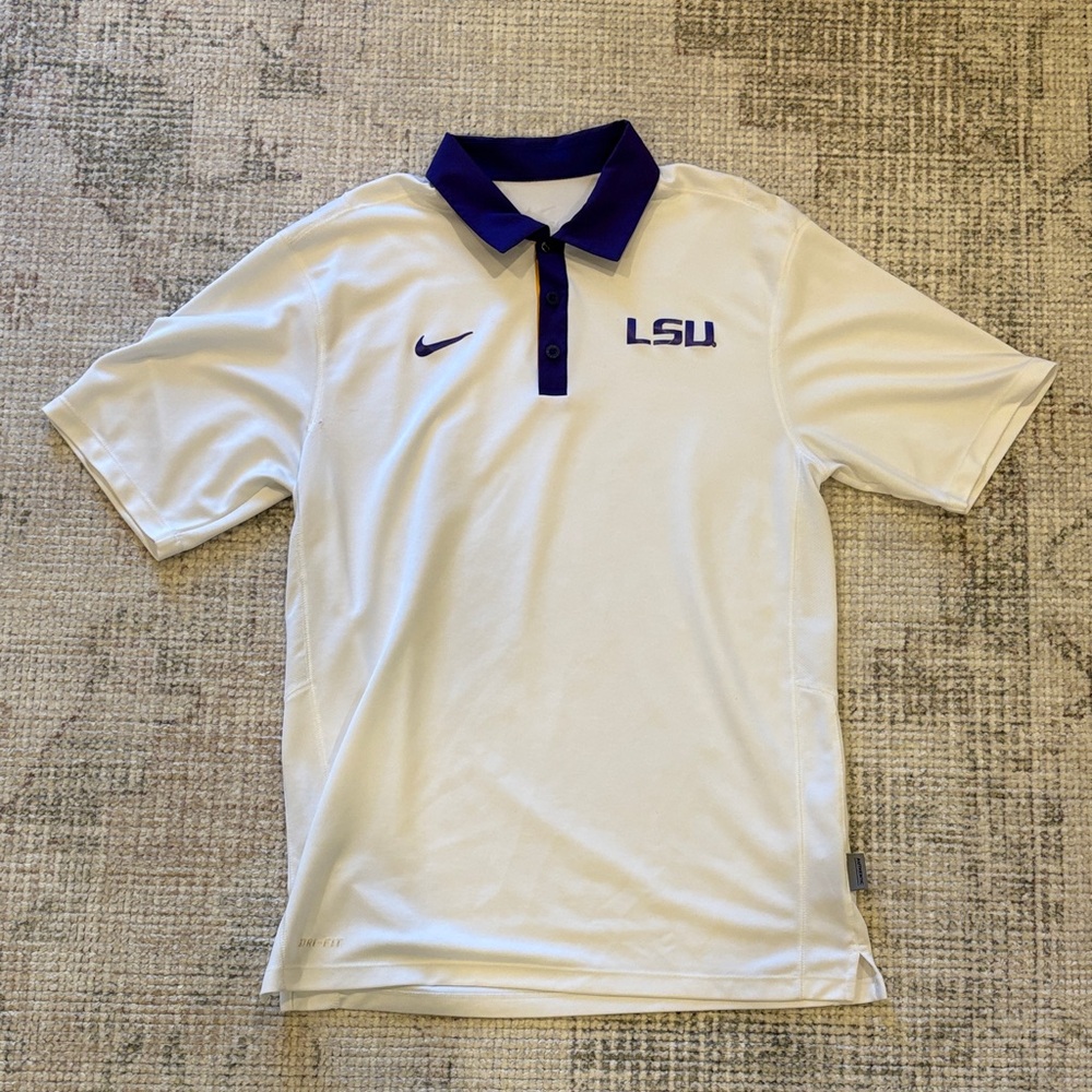 Nike LSU Tigers White Polo with Purple & Yellow Collar and LSU Logo